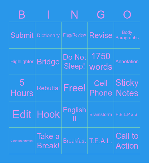 EOC STAAR Bingo Card