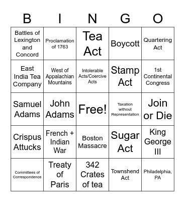 Road to Revolution Bingo Card