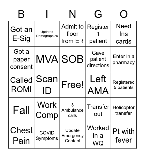 ER Bingo Card