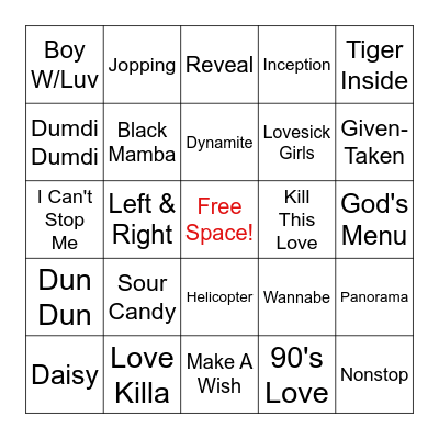 KPop Hits Bingo Card