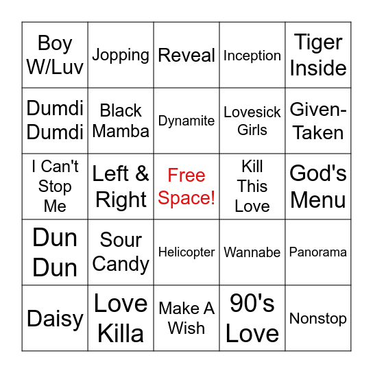 KPop Hits Bingo Card