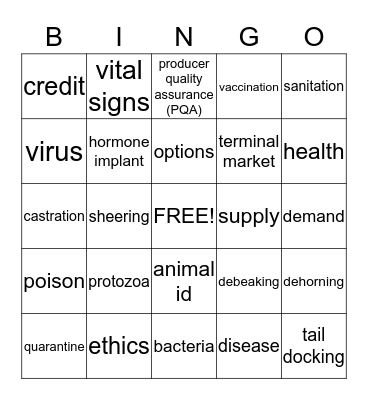 Animal Science Terms  Bingo Card