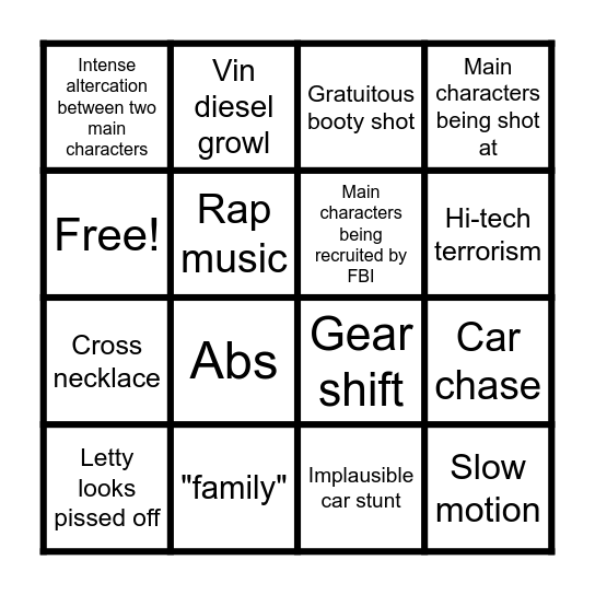 Fast & Furious Bingo Card