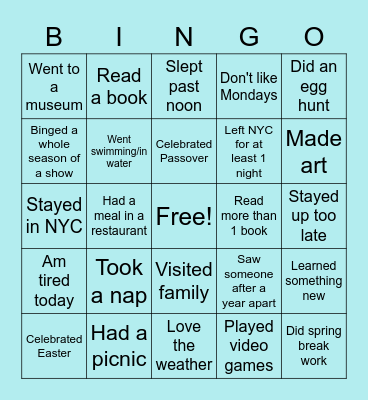 Spring Break Bingo! Bingo Card