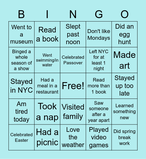 Spring Break Bingo! Bingo Card