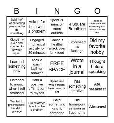 Stress Management BINGO Card
