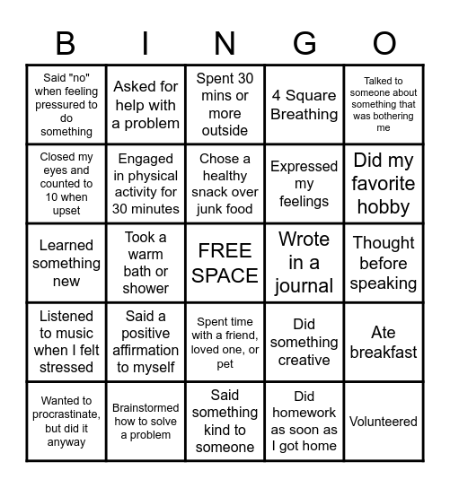 Stress Management BINGO Card