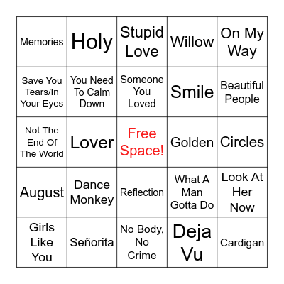 2020 Pop Hits Bingo Card