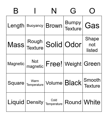 Physical Property Bingo Card