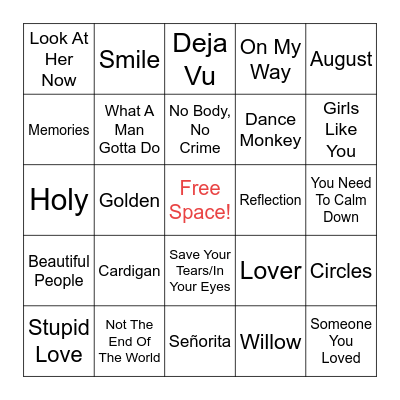 2020 Pop Hits Bingo Card