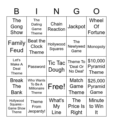 TV Game Show Theme Songs Bingo Card
