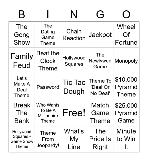 TV Game Show Theme Songs Bingo Card