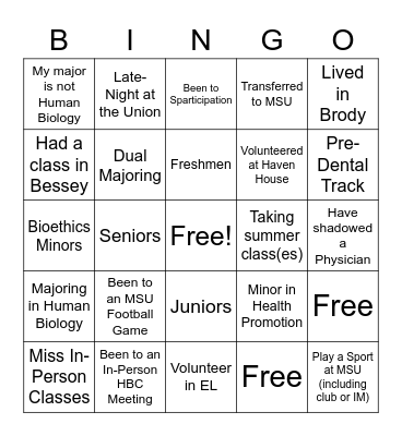 Human Bio Club Bingo Card