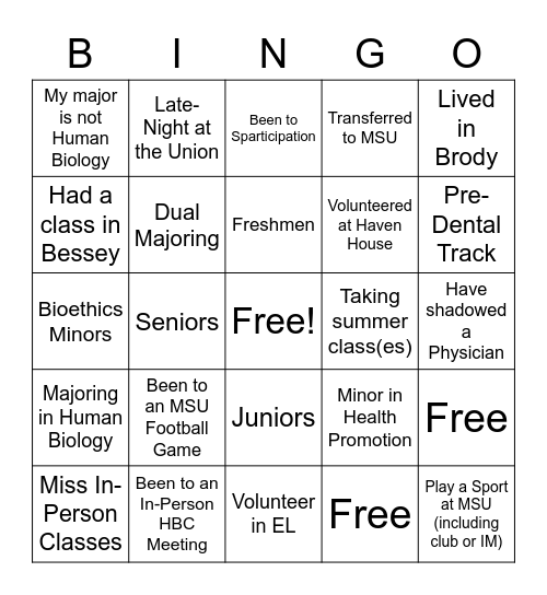 Human Bio Club Bingo Card