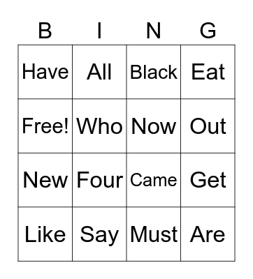 Sight Words Bingo Card