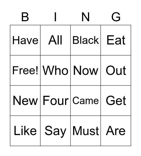 Sight Words Bingo Card