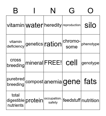 Animal Science Terms  Bingo Card