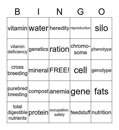 Animal Science Terms  Bingo Card