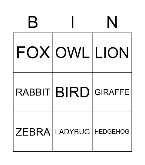 Animals Bingo Card
