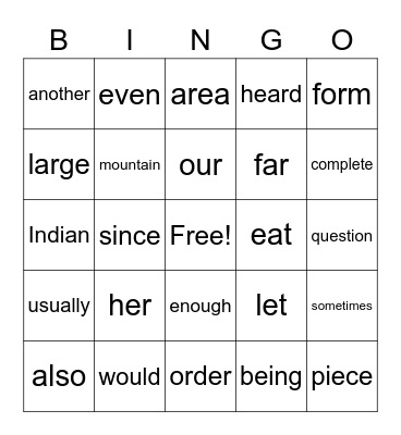 Sight Words BINGO Card