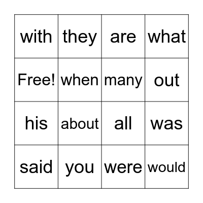 Sight Words BINGO Card