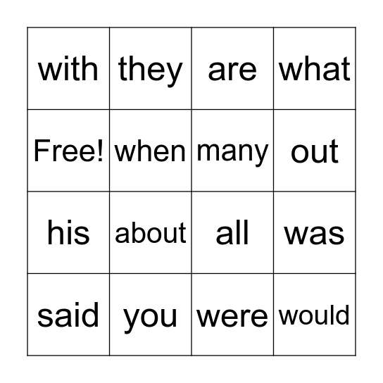 Sight Words BINGO Card