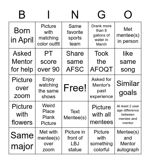 April Mentorship Challenge Bingo Card