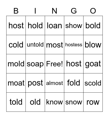 -old and -ost word family Bingo Card