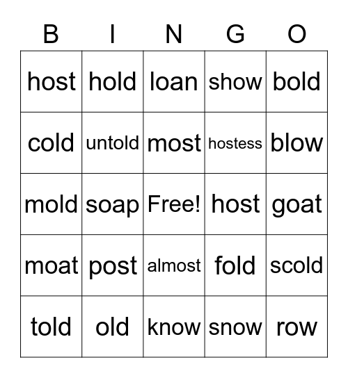 -old and -ost word family Bingo Card