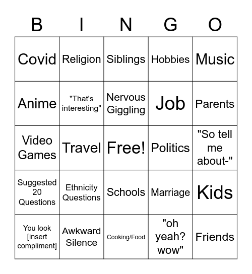 First Date Bingo Card