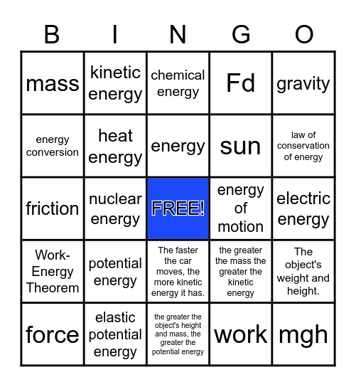 Unit 14 - Energy Review Bingo Card