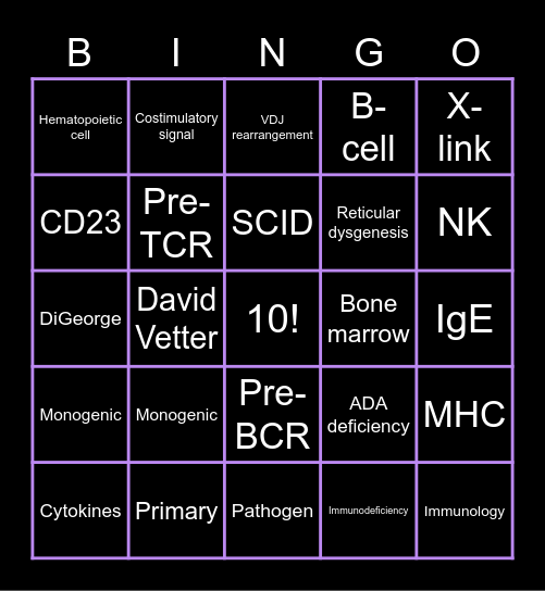 Immunodeficiency Bingo Card