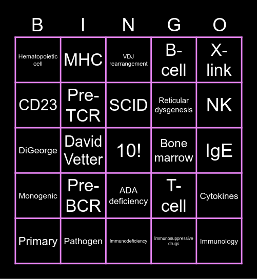 Immunodeficiency Bingo Card