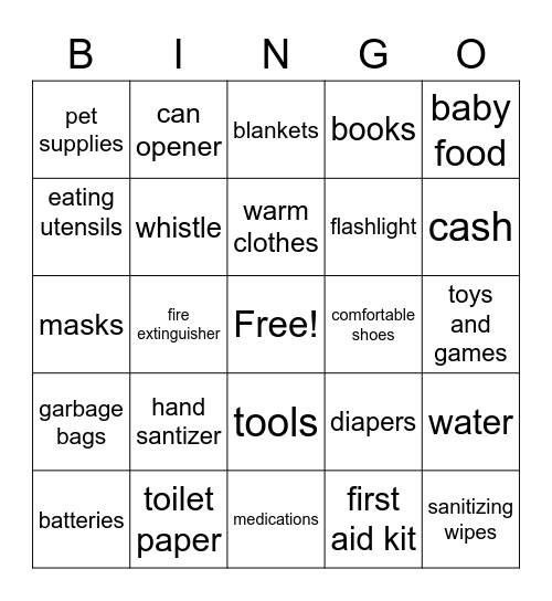 EMERGENCY KIT Bingo Card