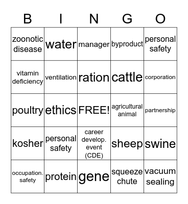 Animal Science Terms  Bingo Card