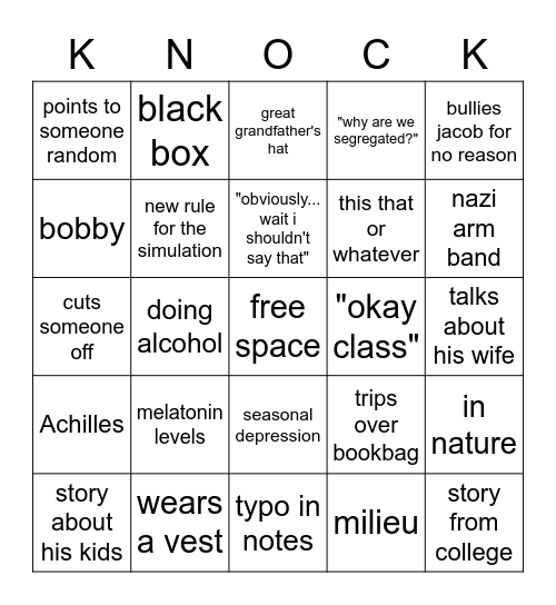 Mr. Knock Bingo Card