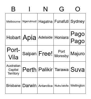 CC Challenge A capitals weeks 11/12 Bingo Card