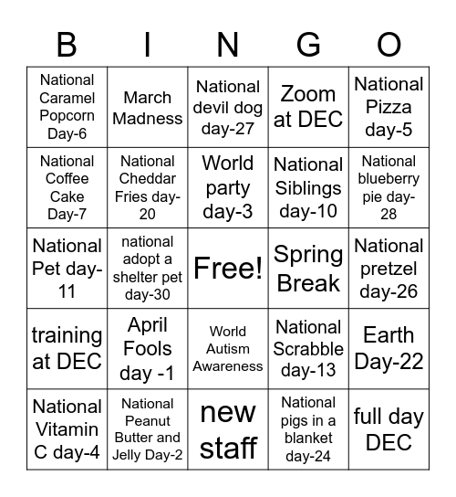 April Events Bingo Card