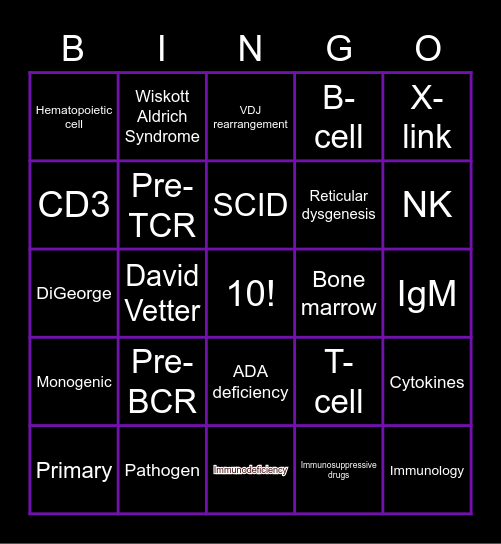 Immunodeficiency Bingo Card