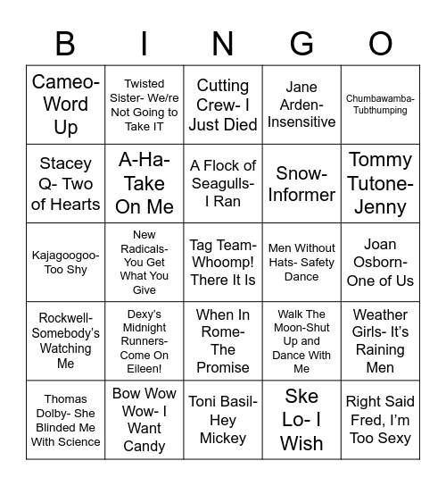 Total-Quiz.com presents Radio Bingo One Hit Wonders Bingo Card