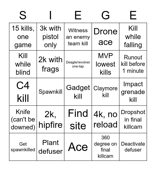 Siege Bingo Card