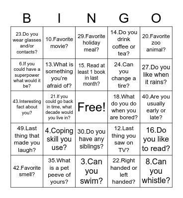 Get to know you BINGO Card