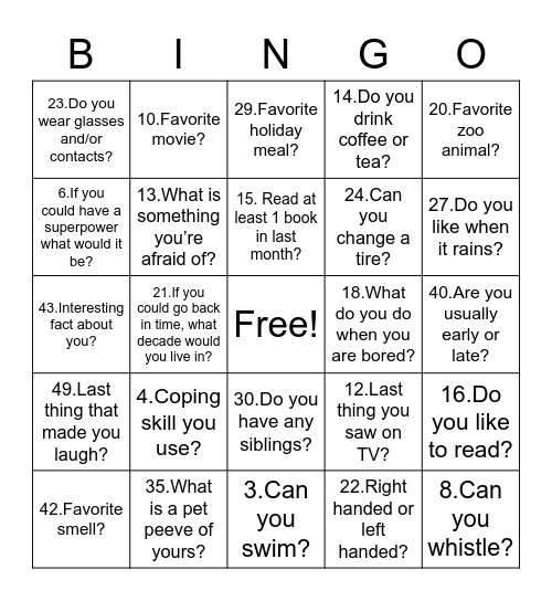 Get to know you BINGO Card