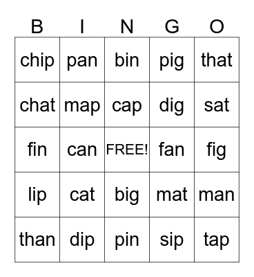 Word Family Bingo Card