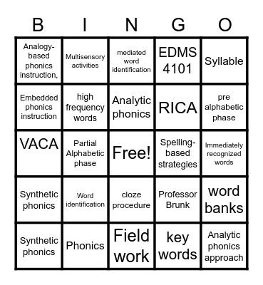 VACA Chapter 6: Word Identification Bingo Card