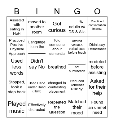 Dementia Care Skills Bingo Card