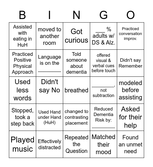 Dementia Care Skills Bingo Card