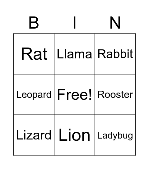 Animals Bingo Card