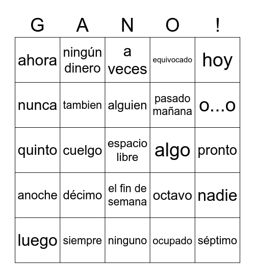 Spanish 2 Vocabulary Chapter 4 Bingo Card