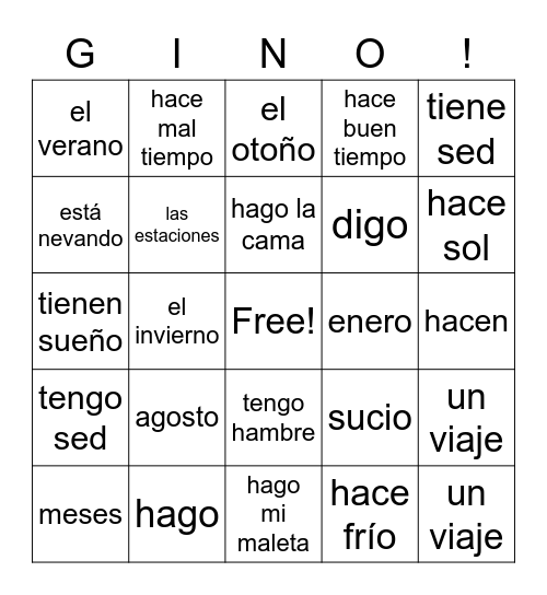 Spanish 1 - Chapter 16 Bingo Card